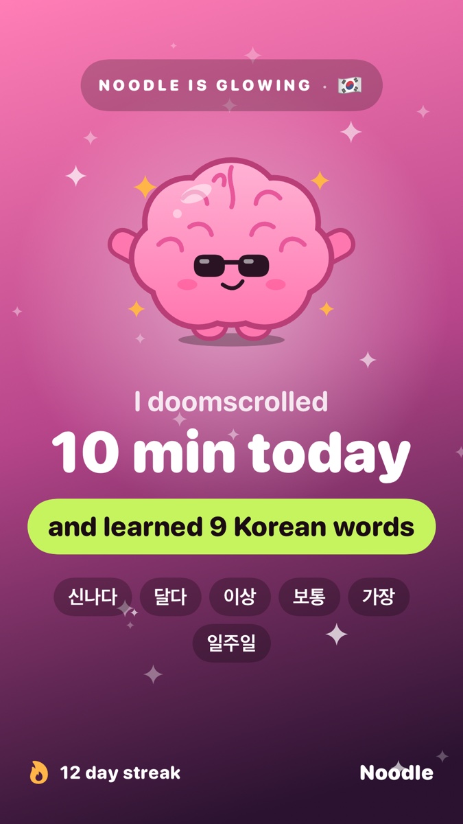 Noodle share card: I doomscrolled 10 minutes and learned 9 Korean words